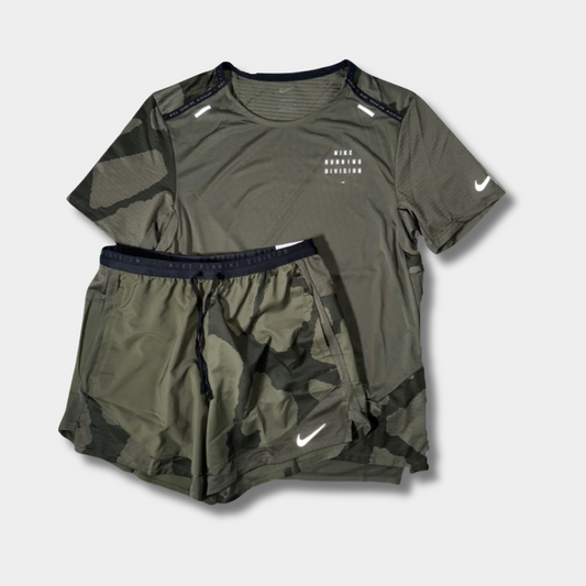 NIKE ARMY GREEN CAMO RUNNING DIVISION SHORT SET